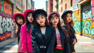 blackpink members showcasing their unique styles in a vibrant urban setting.