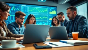 Team analyzing competitive intelligence data in a modern office environment, showcasing collaboration and strategy.