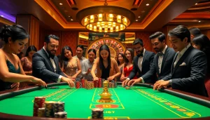High-stakes casino scene featuring tỷ lệ nhà cái with vibrant chips and an elegant roulette wheel.