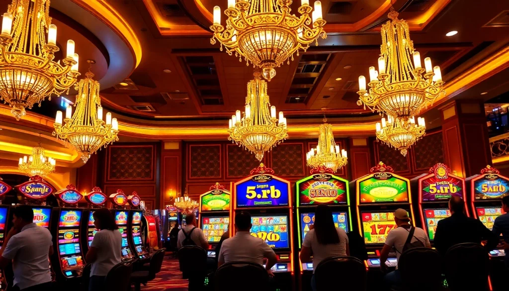 Players enjoying slot depo 5rb games at a luxurious casino with vibrant machines.