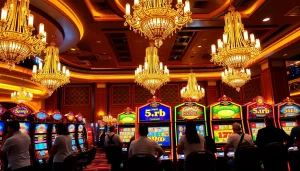 Players enjoying slot depo 5rb games at a luxurious casino with vibrant machines.