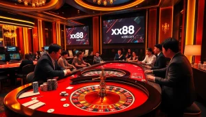 Exciting roulette gameplay at xx88 com casino, showcasing vibrant chips and cards.