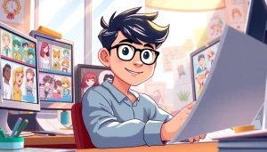 무료웹툰 작가가 작업 중인 모습과 화려한 스케치로 가득한 환경.