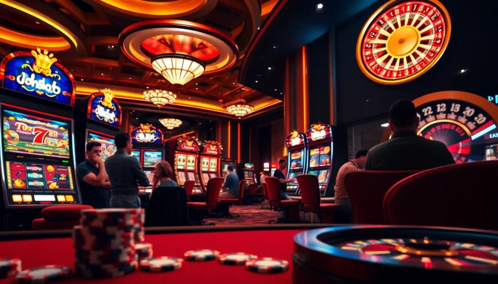 Engaging players at an idnslot gaming table with vibrant slot machines and poker chips.