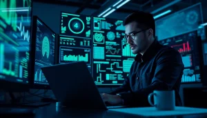 Cybersecurity AI expert analyzing data streams in a modern office environment.