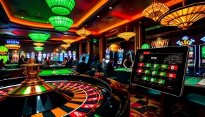 Experience the thrill of RR88 at a luxurious casino with excited players and vibrant slot machines.