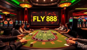 Engaging scene of gamblers at a table with luxury elements reflecting FLY 88 casino excitement.