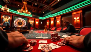 Engaged players at a poker table in a luxurious setting of 789bet.com atmosphere with vibrant colors.