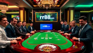 Experience high-stakes gaming at rr88.com with vibrant casino visuals of blackjack tables and eager players.