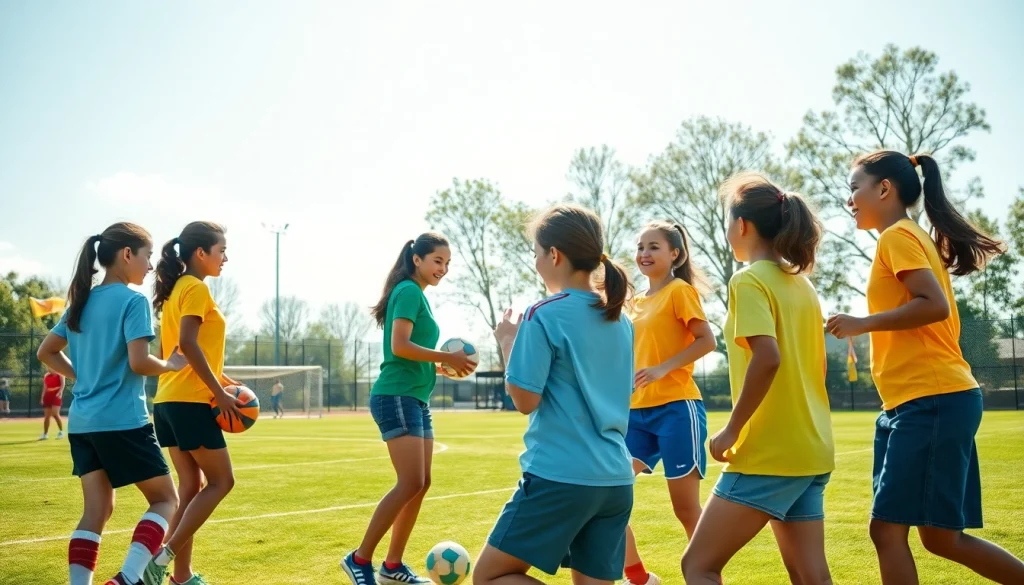 Active girls participating in Multi Sports Camps for Girls, showcasing teamwork and enthusiasm.
