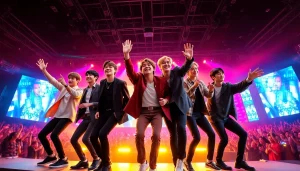 BTS members performing energetically on stage, showcasing their unique styles and vibrant atmosphere.