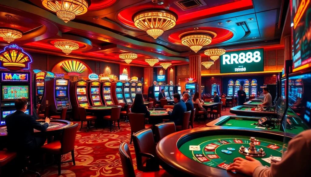 Experience thrilling action at RR88 casino with vibrant slot machines and poker tables.