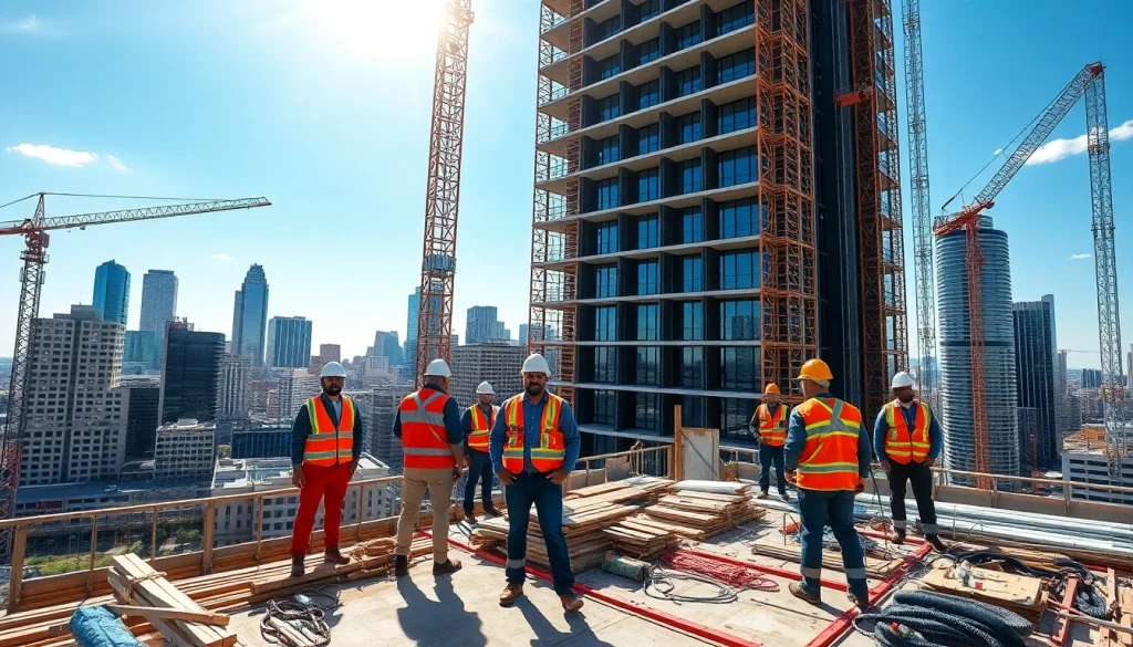 Austin construction team working on a new high-rise building under bright sunlight.