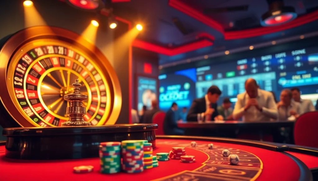 Engaging scene of a roulette table in a luxurious casino with players focused on debet strategies.