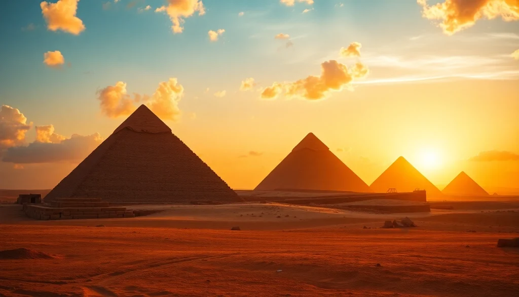 View of piraminds under a golden sunset, illuminating the desert landscape.