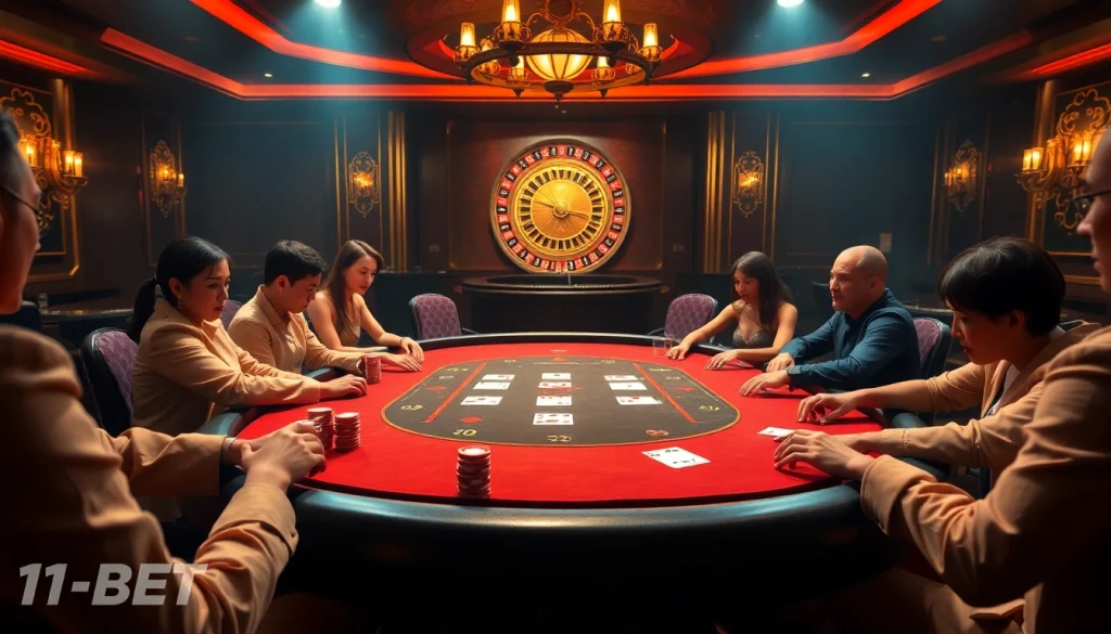 Experience the thrill of gambling with 11BET at a luxurious poker table, complete with colorful chips and cards.