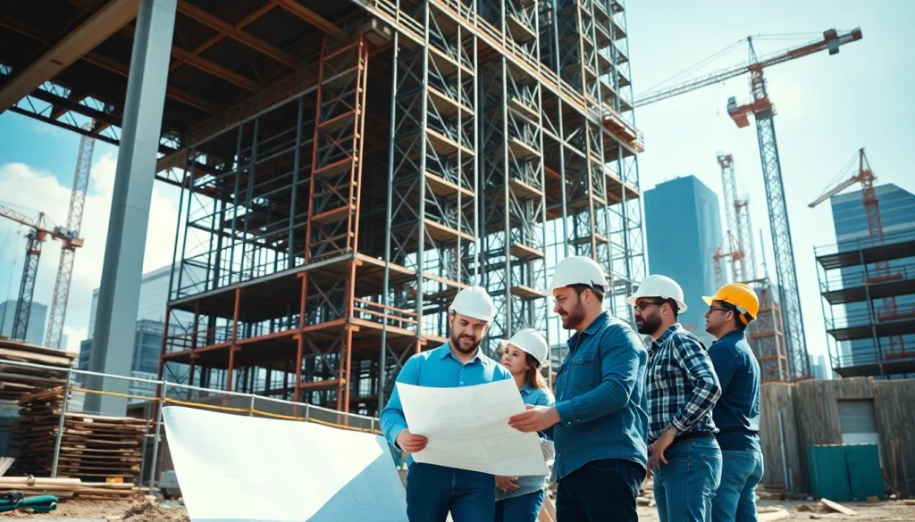 Construction career team collaborating on-site for a modern structure.