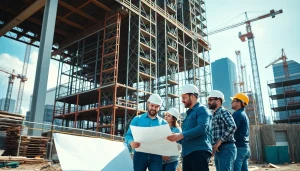 Construction career team collaborating on-site for a modern structure.