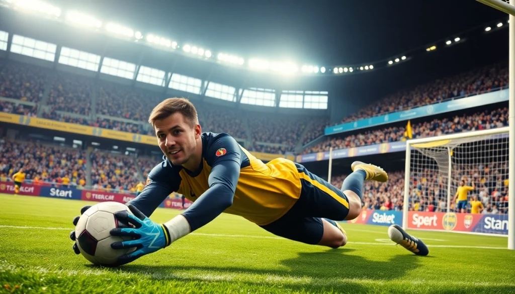 Goalkeeper making a critical save during a match, capturing excitement in ผลบอล888 sports.