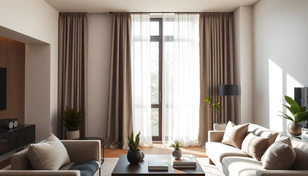 Verduisterende gordijnen die een moderne woonkamer stijlvol aankleden.