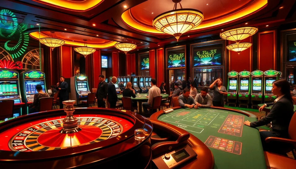 Gambling excitement at Nhà cái Five88 with players around roulette and slot machines.