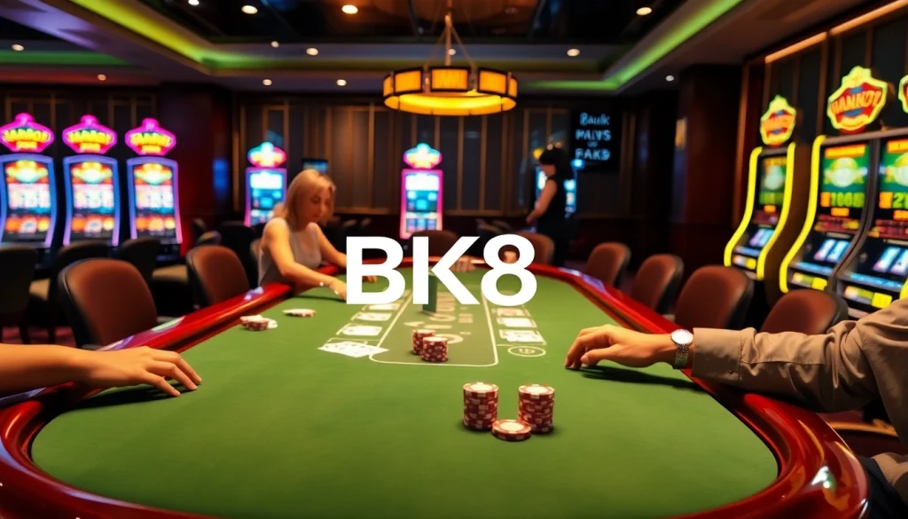 Engage in thrilling gaming experiences at BK8, showcasing poker action and vibrant slot machines.