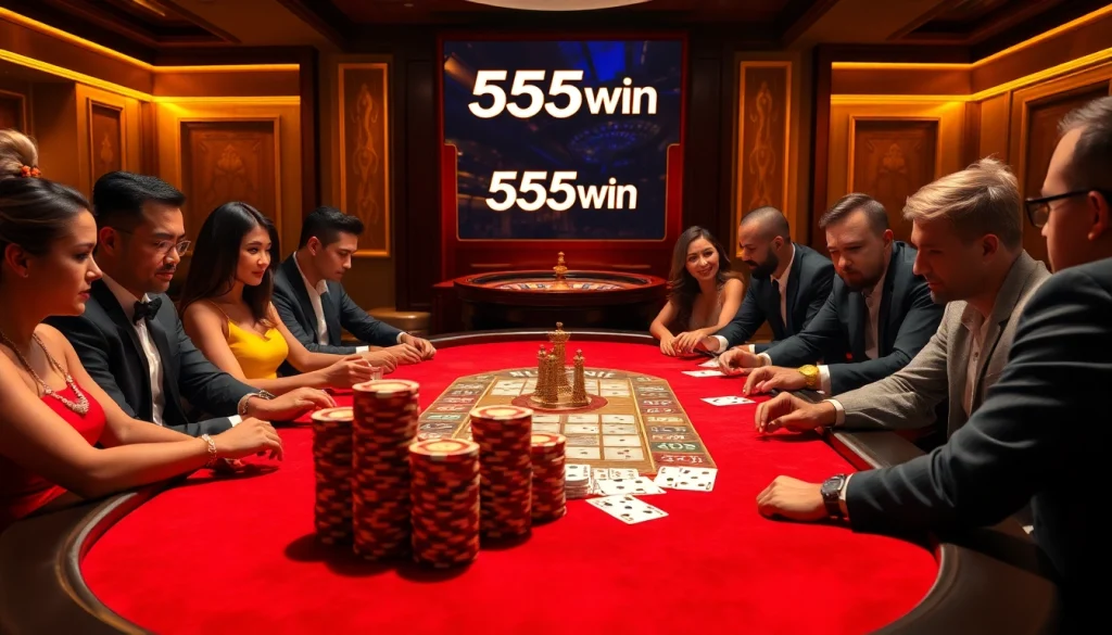Engaged players at a luxurious poker table showcasing the excitement of gambling with 555win.