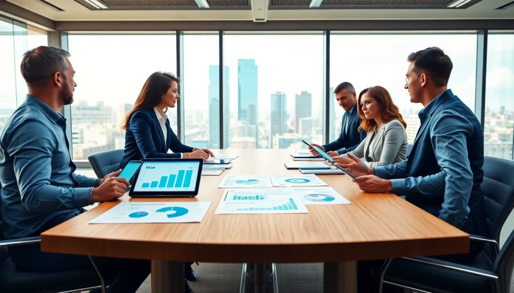 Engaged team discussing growth strategy trends in a modern meeting room.