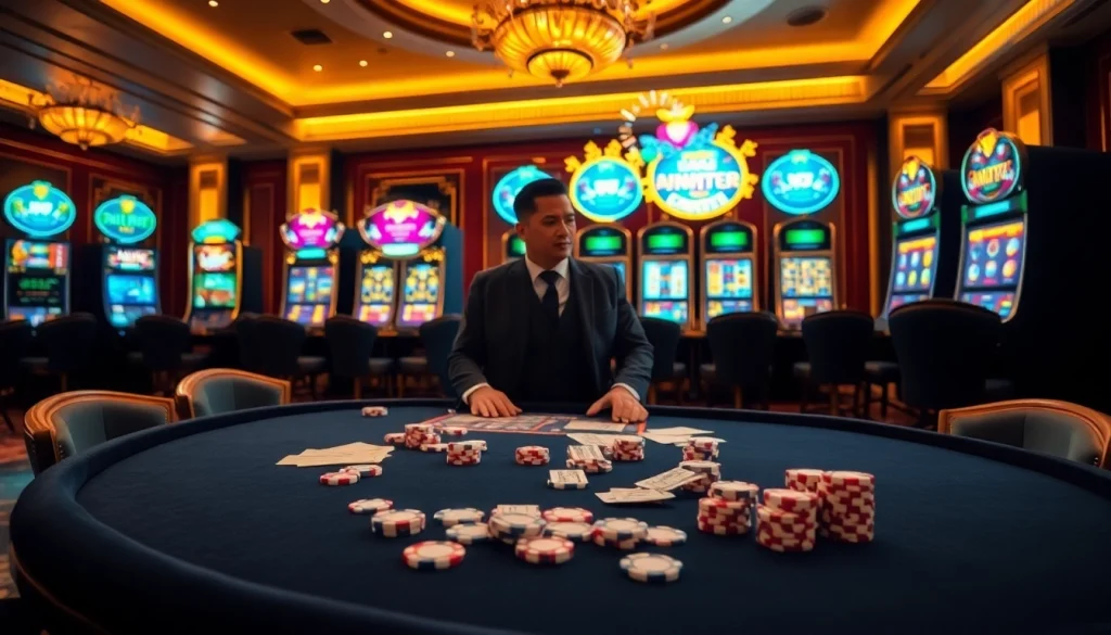 Experience the excitement of raja toto88 with vibrant slot machines and poker chips on display.