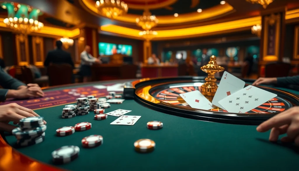 Experience thrilling gaming action at Nhà cái Debet with a vibrant casino scene featuring roulette and cards.