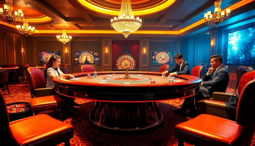 Players enjoying a thrilling game at b52club's luxurious casino table, surrounded by excitement and vibrant decor.