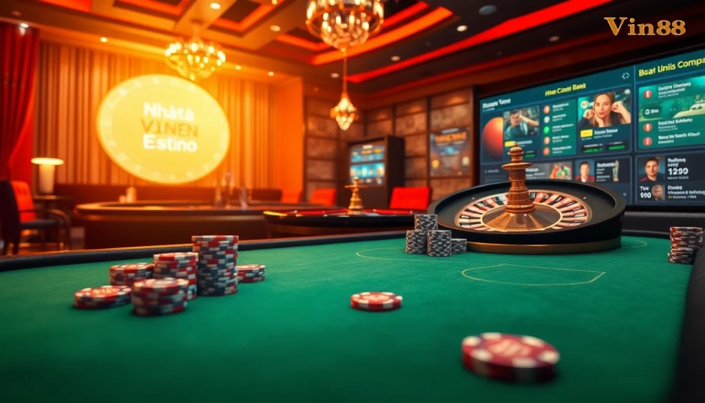 Exciting gambling scene highlighting Nhà cái Vin88 with a vibrant poker table and roulette wheel.
