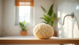 Explore the best back loofah for dry skin, highlighting its unique textured fibers and spa-like ambiance.