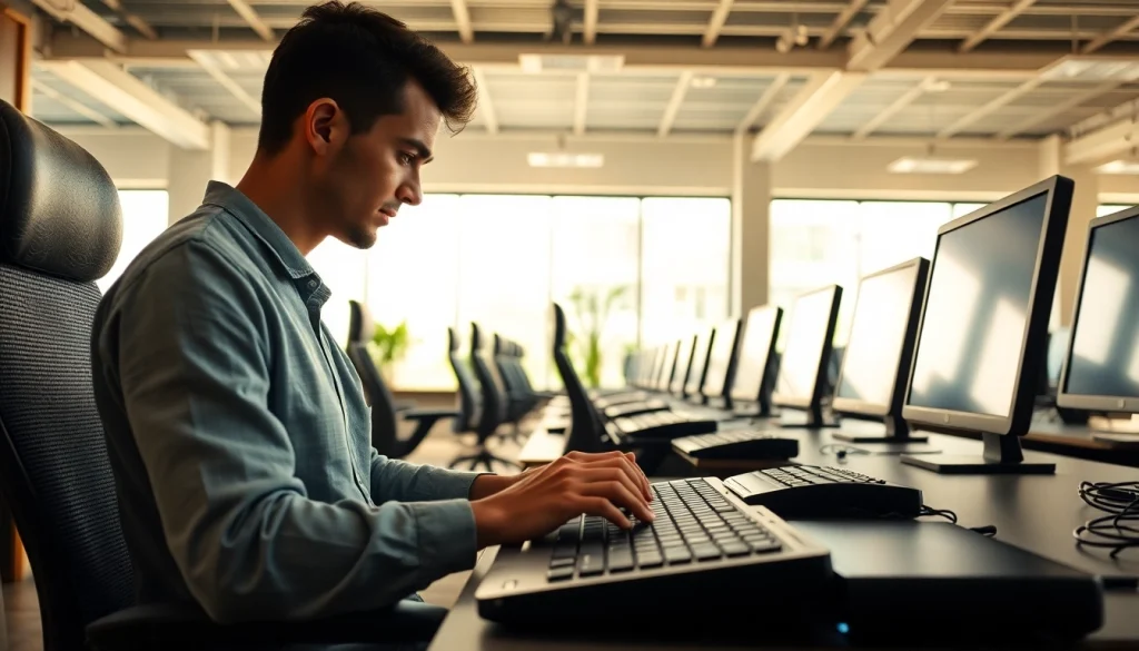Focused professional at a typing center, showcasing ergonomic design and modern technology.