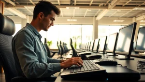 Focused professional at a typing center, showcasing ergonomic design and modern technology.