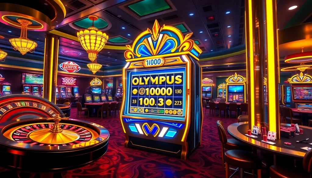 Berinteraksi dengan mesin slot Olympus 1000 di lantai kasino yang penuh warna, dipenuhi kegembiraan dan kemewahan.