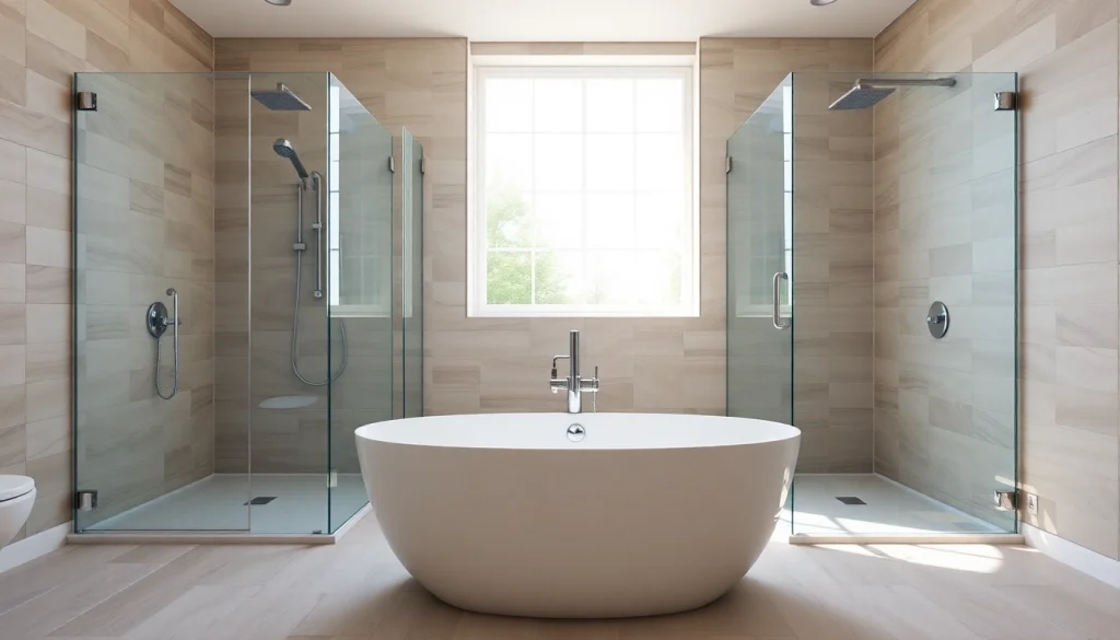 Elegant bathroom featuring sunney shower doors with clear glass and sleek design.