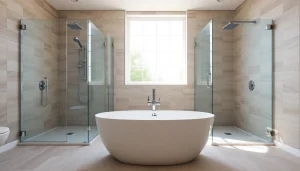 Elegant bathroom featuring sunney shower doors with clear glass and sleek design.