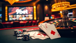 Join the gaming excitement with 9bet at a luxurious casino table filled with poker chips and a roulette wheel.