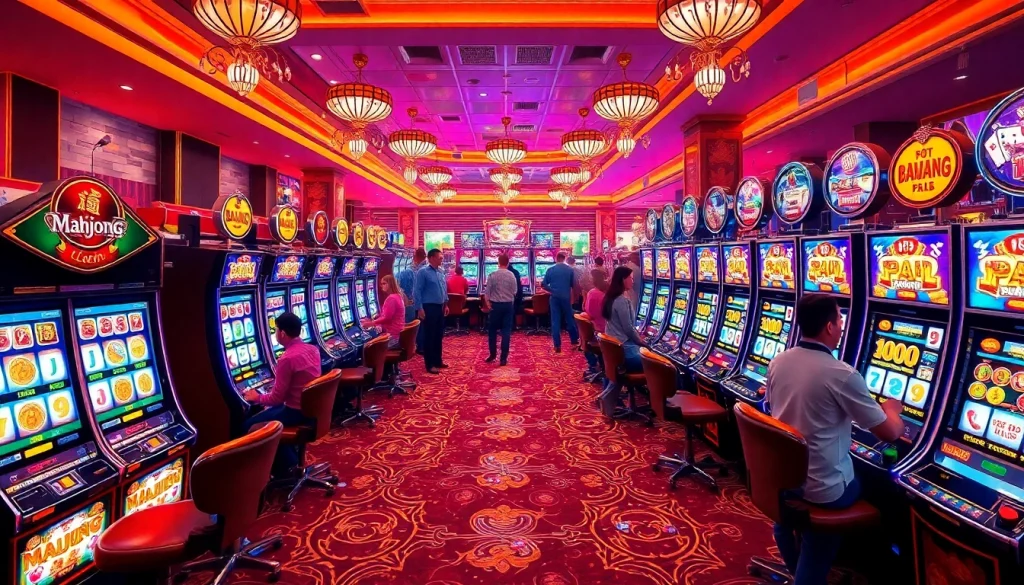 Experience the excitement of slot demo mahjong with vibrant casino machines, colorful reels, and enthusiastic players.