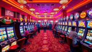 Experience the excitement of slot demo mahjong with vibrant casino machines, colorful reels, and enthusiastic players.