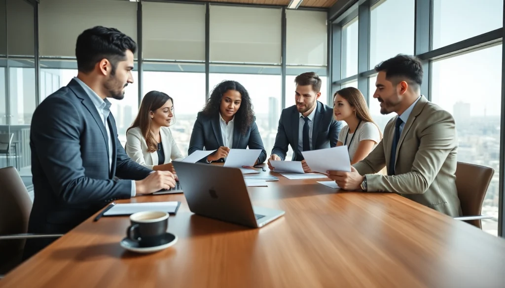 Learn how to hire great salespeople in [industry] with an engaged hiring team in a conference room.