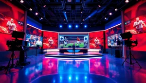 Engaging sports broadcasting scene showcasing vibrant studio activity and advanced equipment.
