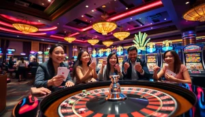 mm88 players celebrating a winning bet at a colorful casino table with poker chips visible