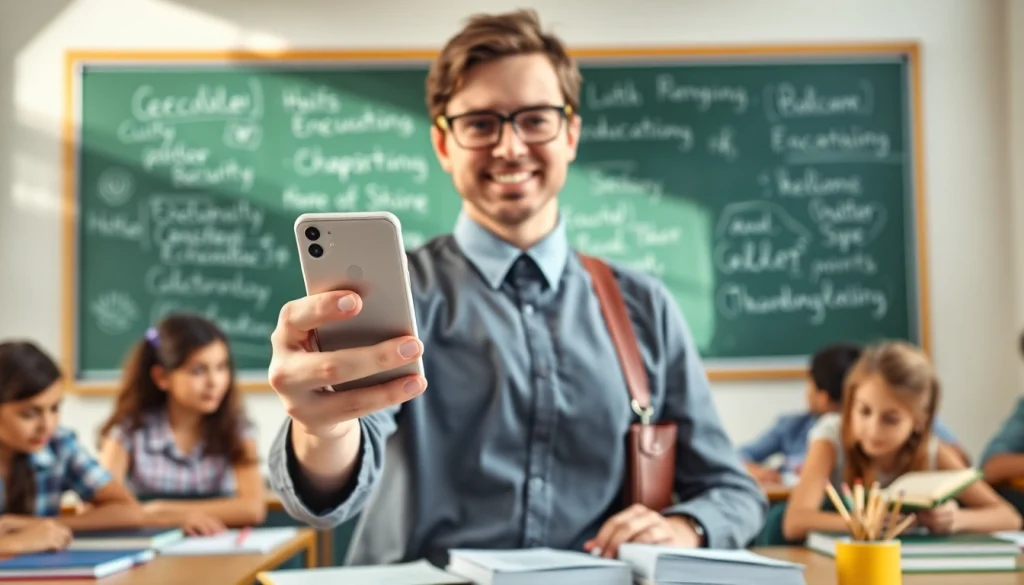 Handytasche Lehrer in Verwendung von einem Lehrer in einem Klassenzimmer mit Schülern.