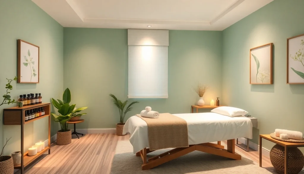 부드러운 조명과 아로마 테라피 오일이 있는 차분하고 매력적인 스웨디시 마사지 치료실.