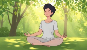 An individual finding peace in nature while reflecting on anxiety symptoms and relaxation strategies.