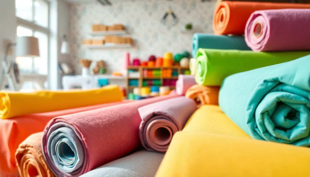Katoen stof per meter in verschillende kleuren en texturen in een naaiatelier.