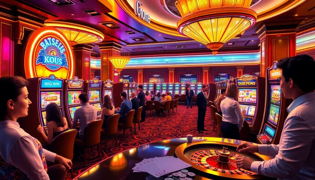 Engaging scene of players enjoying idnslot games in a luxury casino, showcasing excitement and vibrant slot machines.