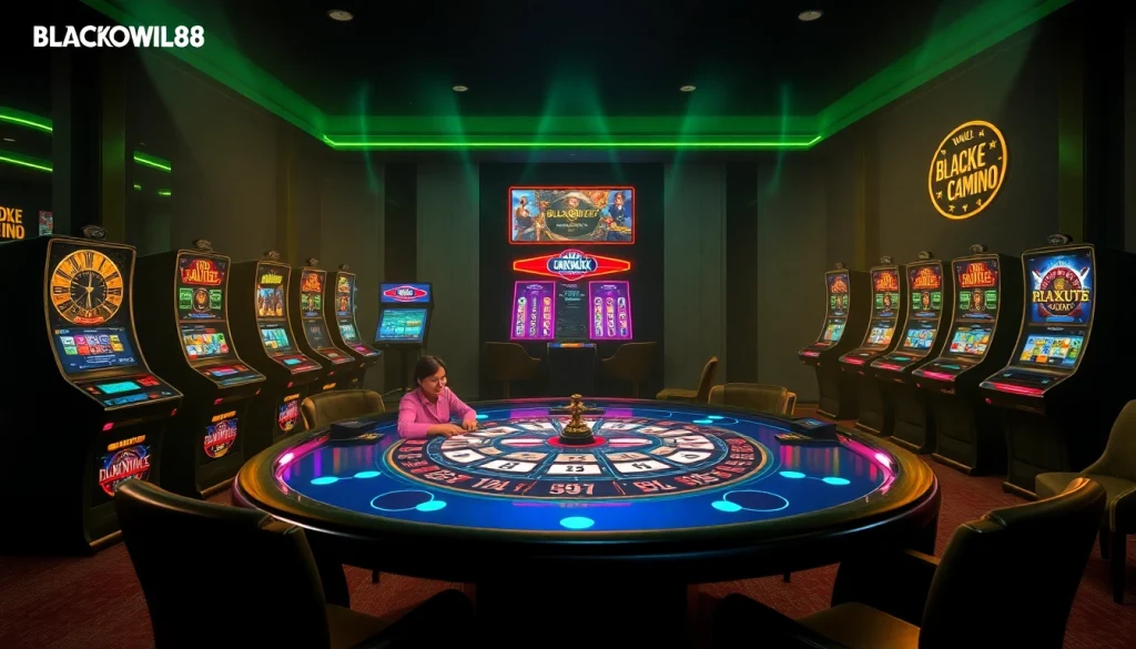 Experience the thrilling gameplay at BLACKOWL88 with engaging poker tables and vibrant slot machines.